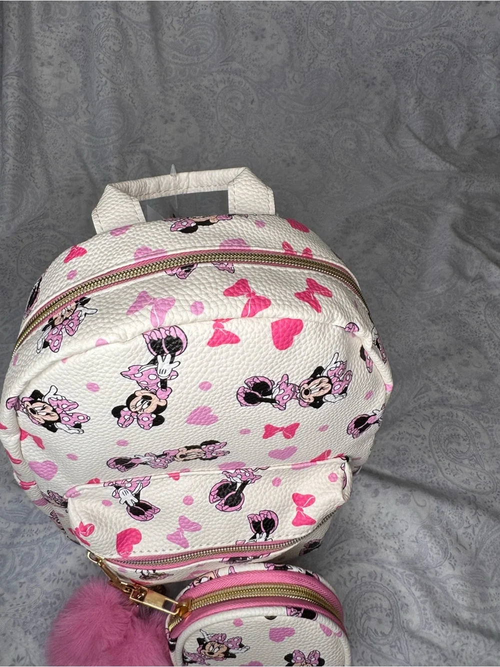 Disney Modern Minnie Mouse on Cream & Heart Mini Backpack with Pom & Coin Pouch